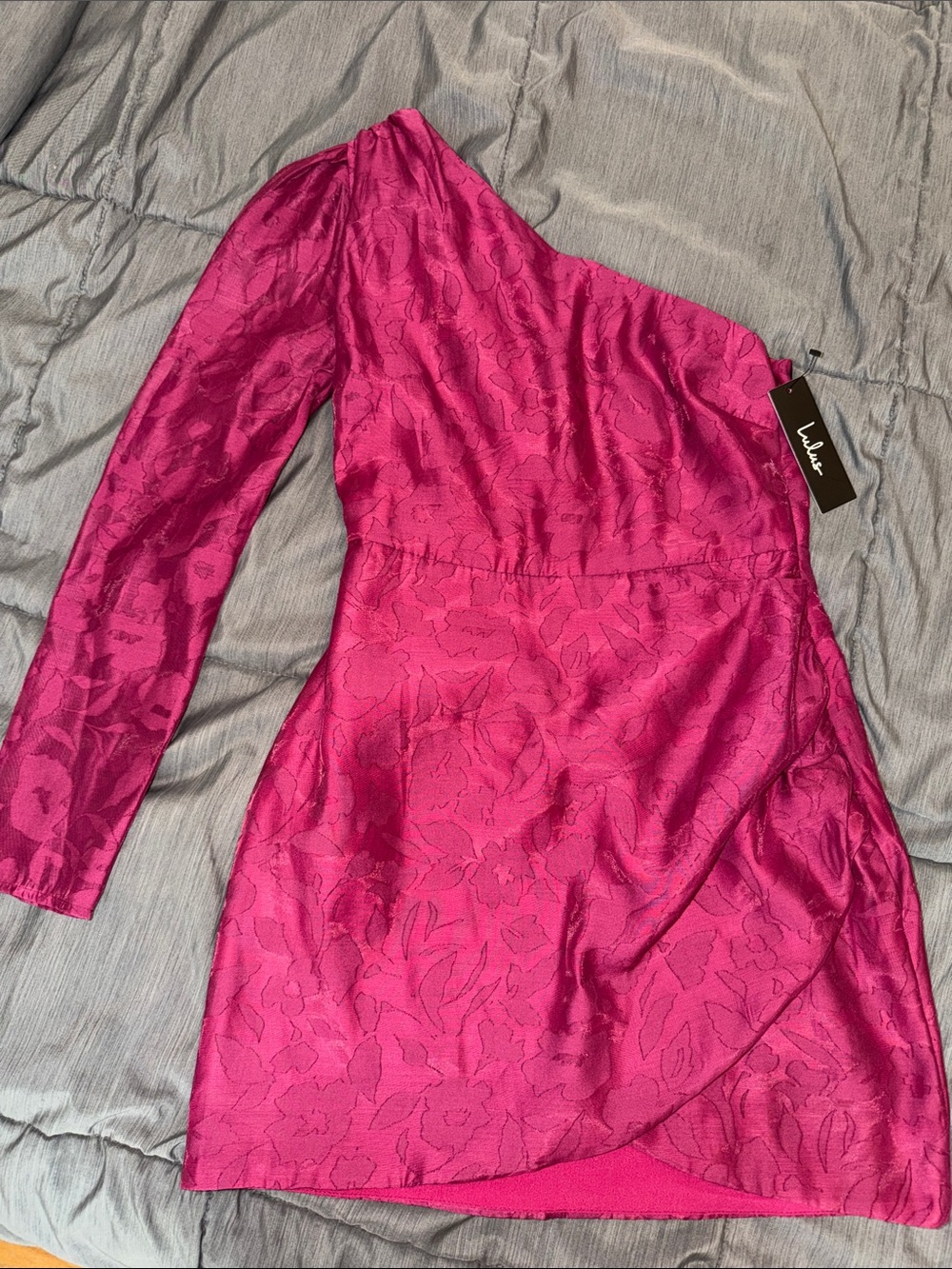 Lulu's One-Shoulder Fuchsia Floral Jacquard Mini Dress